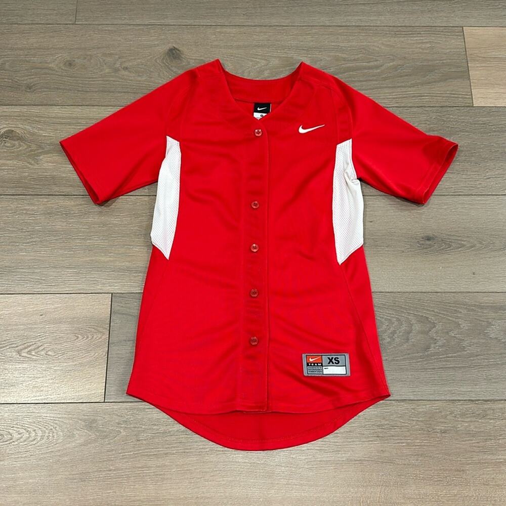 NIKE Red White Softball Vapor Full Button Up Short Sleeve Team Jersey Top Sz XS